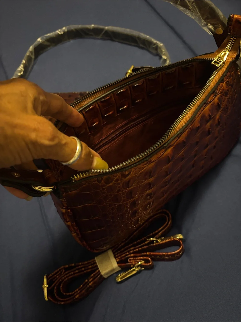 Croc-Embossed Faux Leather Crossbody Handbag, Bag, Purse Brown or Coffee